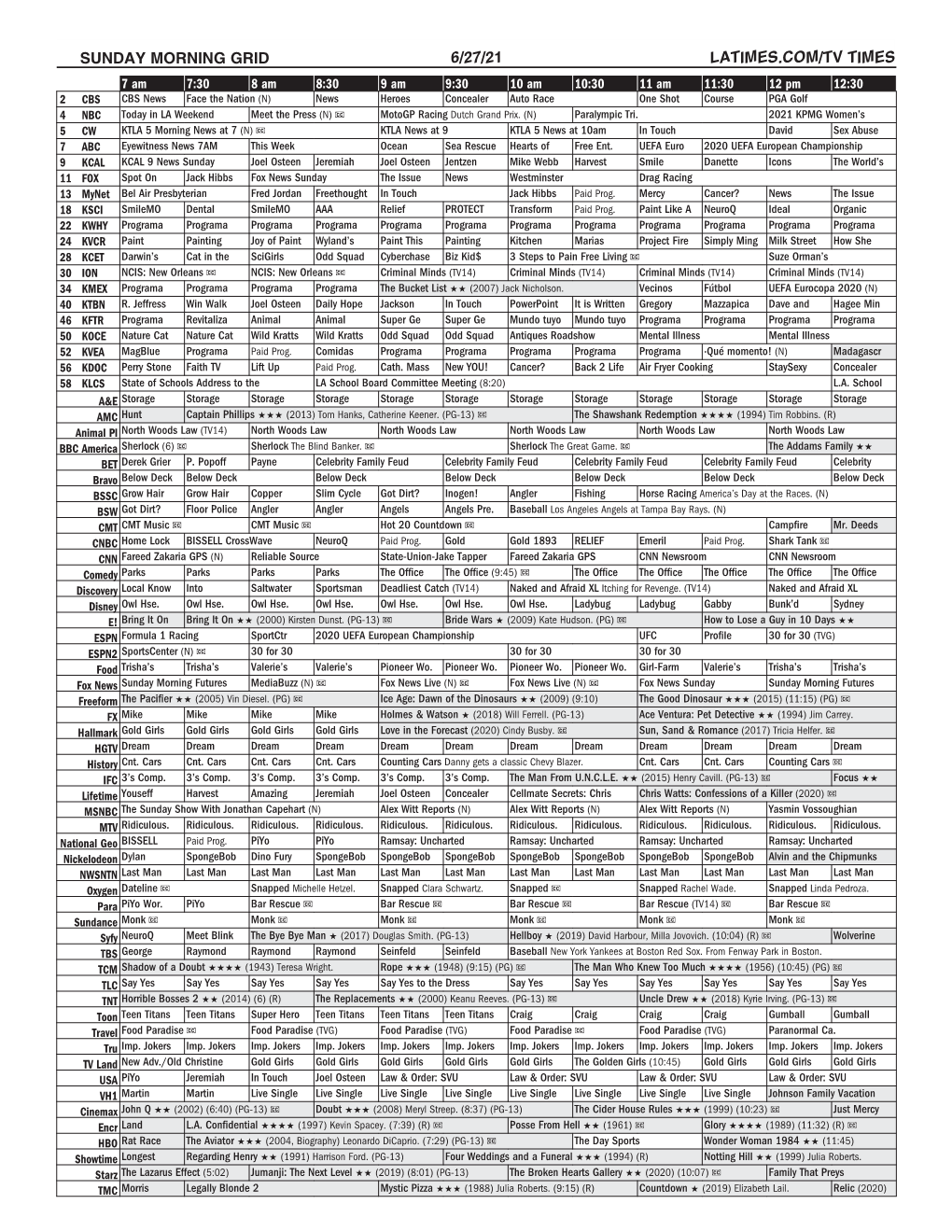 Sunday Morning Grid 6/27/21 Latimes.Com/Tv Times