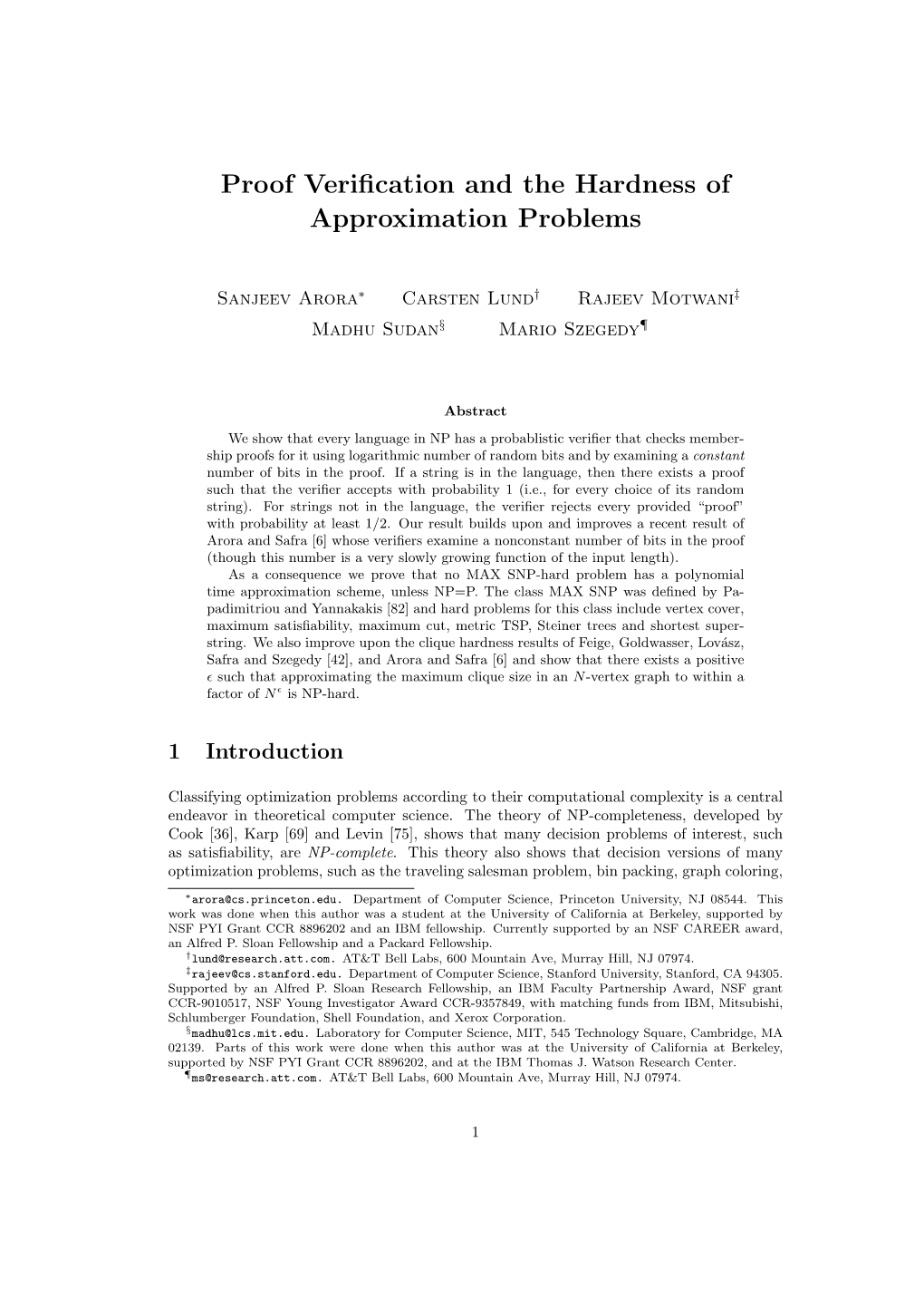 Proof Verification and the Hardness of Approximation Problems