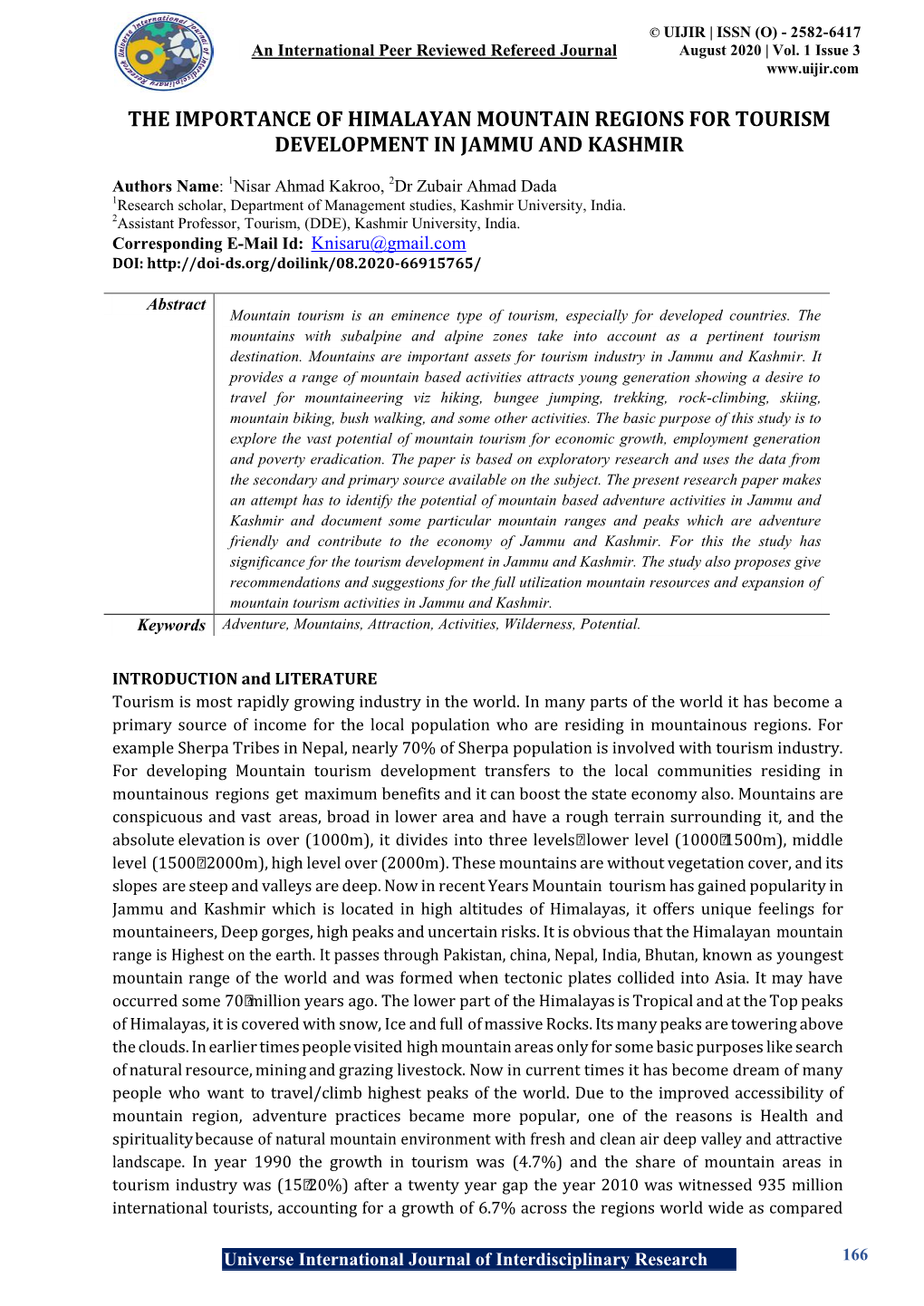 The Importance of Himalayan Mountain Regions for Tourism Development in Jammu and Kashmir