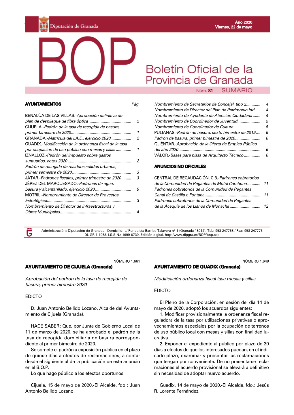 AYUNTAMIENTO DE CIJUELA (Granada) AYUNTAMIENTO DE GUADIX (Granada)