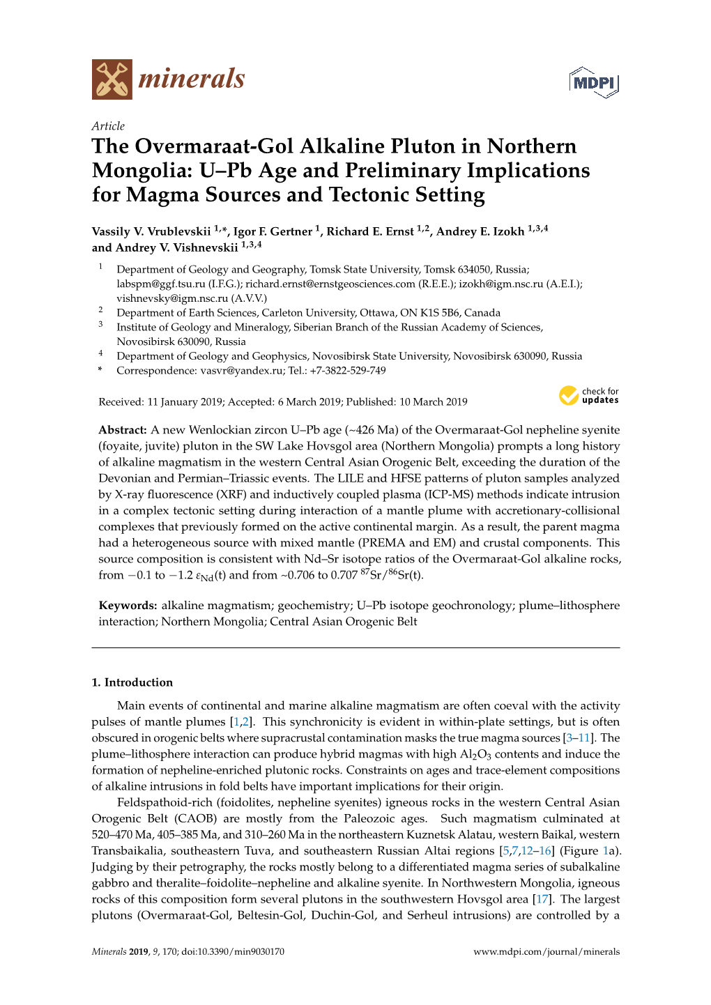 The Overmaraat-Gol Alkaline Pluton in Northern Mongolia: U–Pb Age and Preliminary Implications for Magma Sources and Tectonic Setting