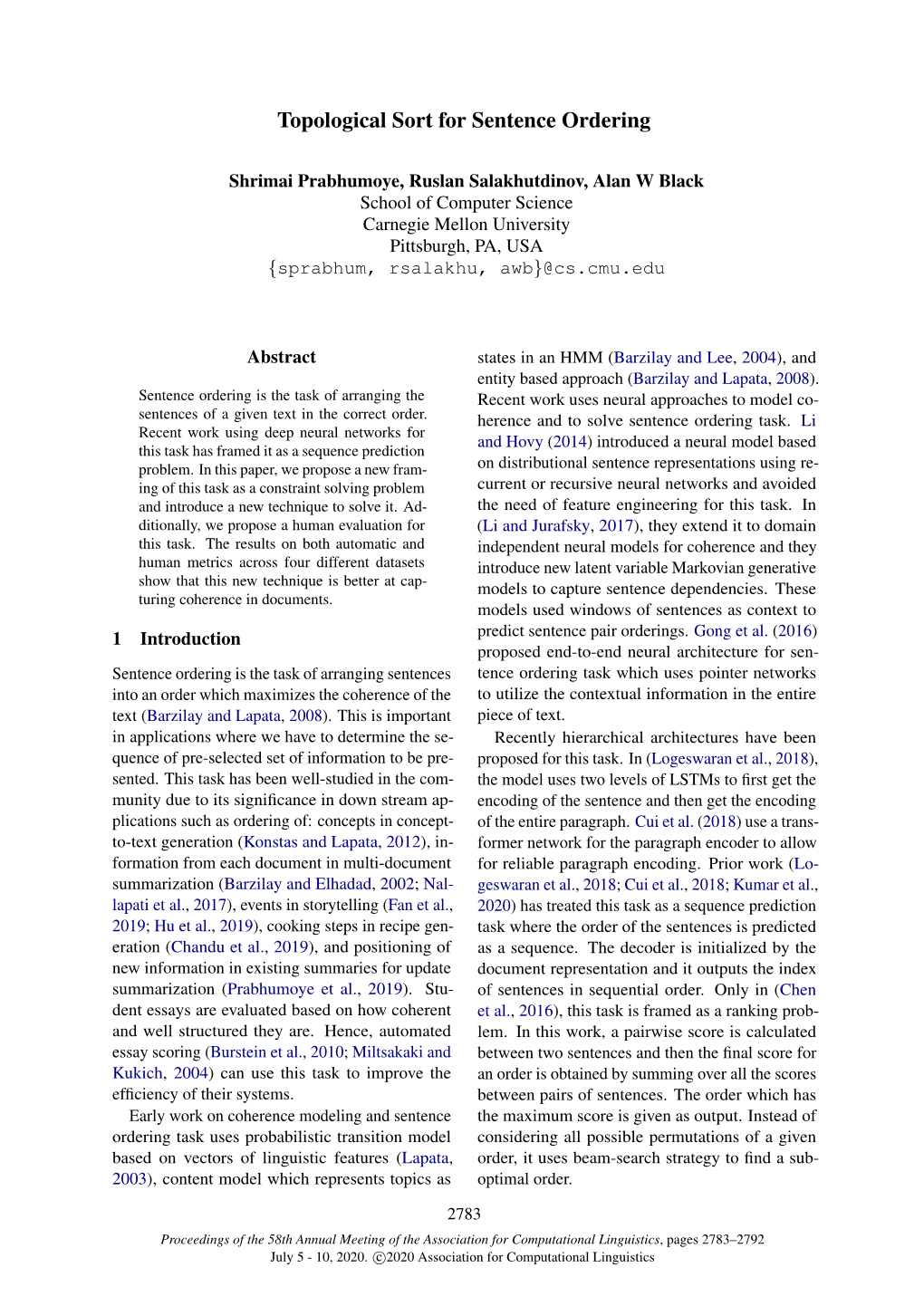 Topological Sort for Sentence Ordering