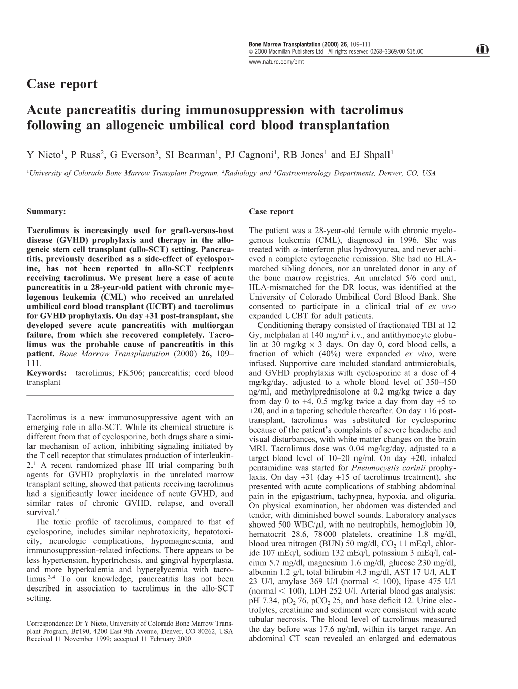 Case Report Acute Pancreatitis During Immunosuppression with Tacrolimus Following an Allogeneic Umbilical Cord Blood Transplantation