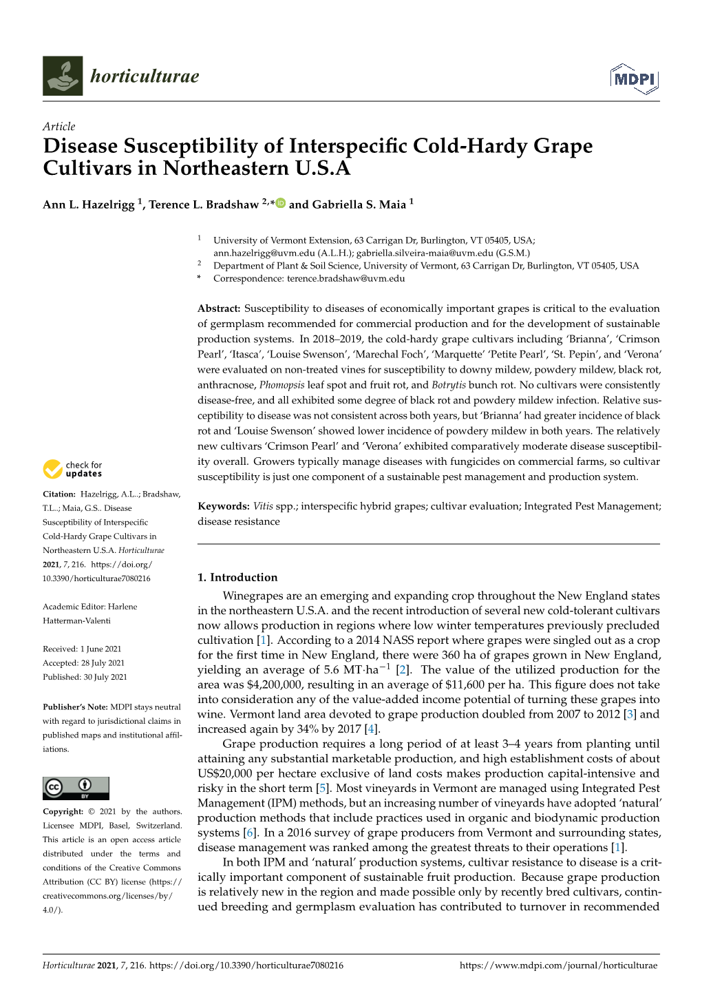 Disease Susceptibility of Interspecific Cold-Hardy Grape Cultivars In