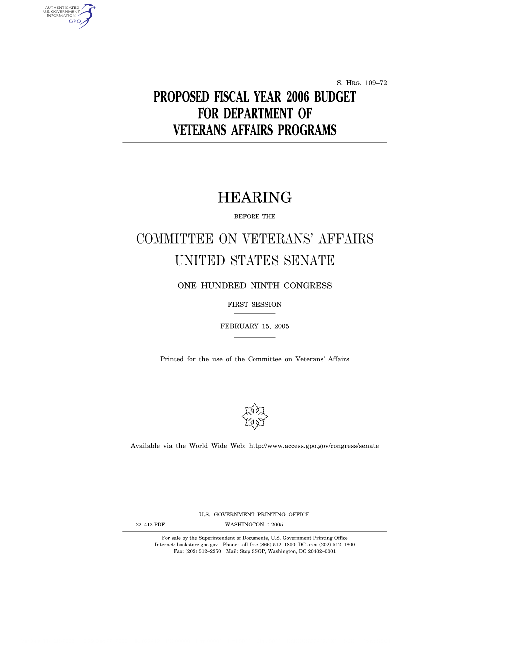 Proposed Fiscal Year 2006 Budget for Department of Veterans Affairs Programs