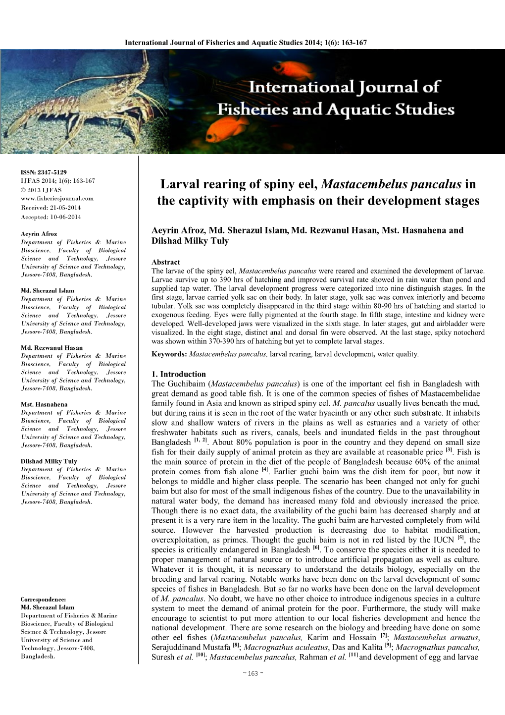 Larval Rearing of Spiny Eel, Mastacembelus Pancalus in the Captivity with Emphasis on Their Development Stages