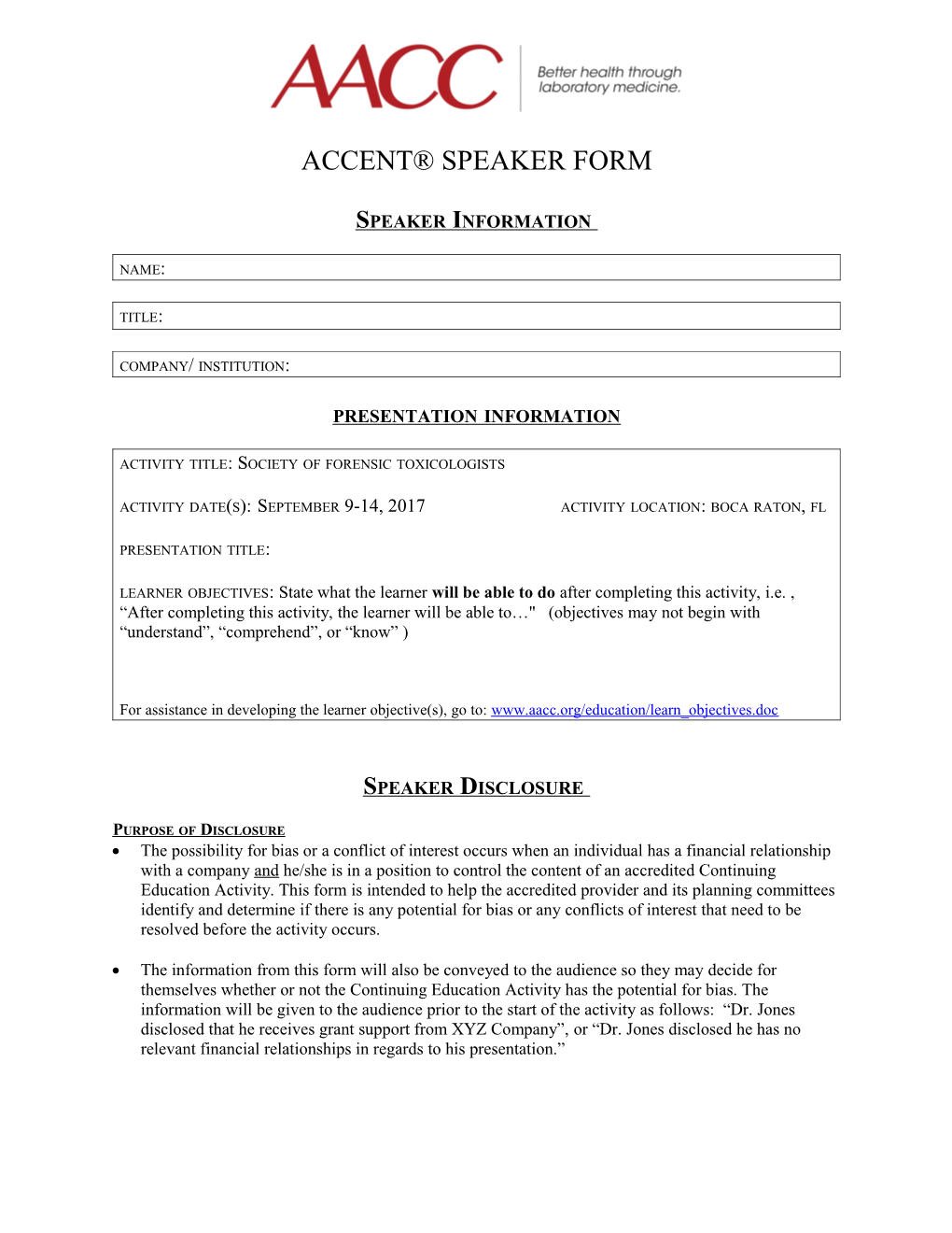 ACCENT Speaker Disclosure Form