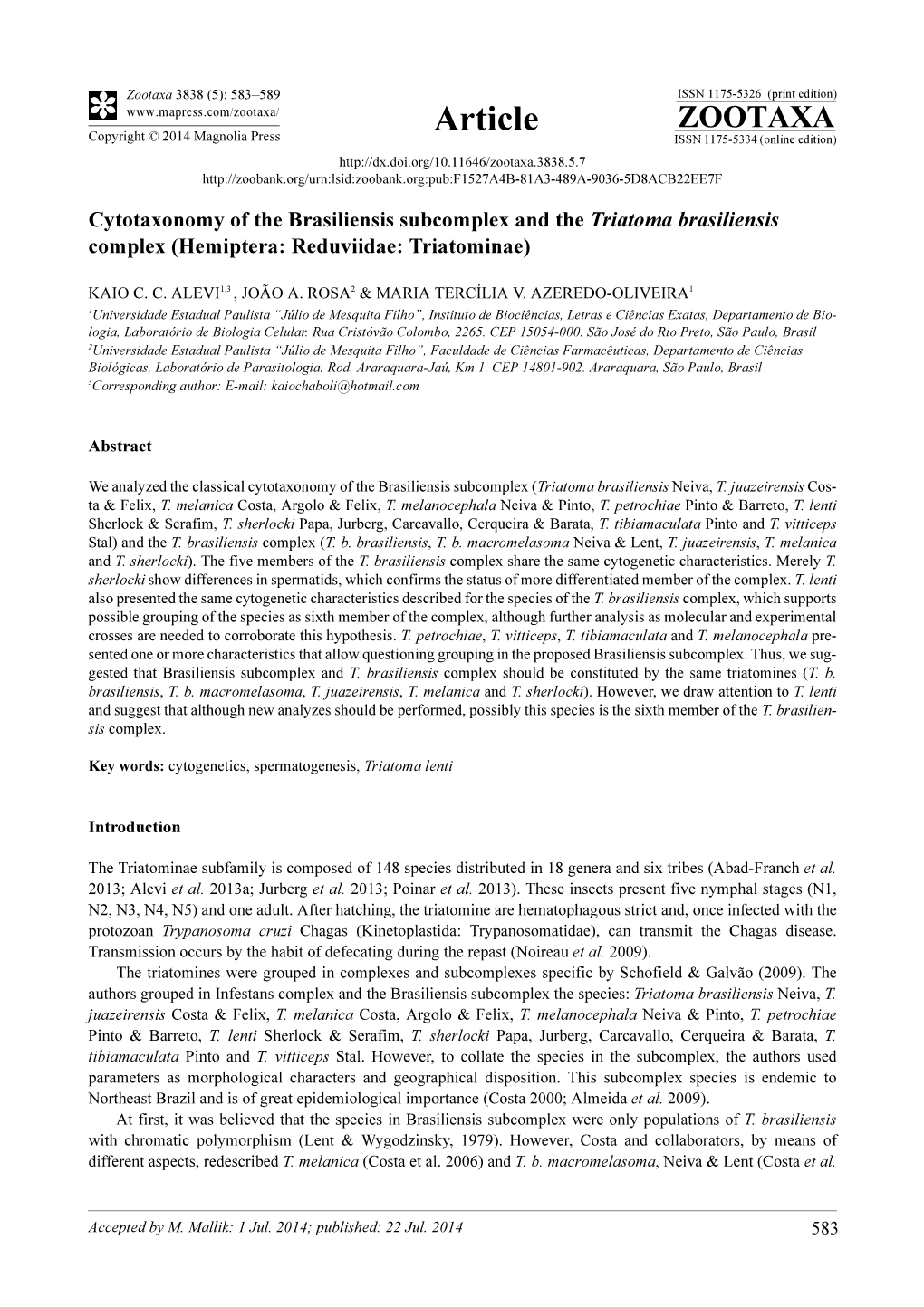 Cytotaxonomy of the Brasiliensis Subcomplex and the Triatoma Brasiliensis Complex (Hemiptera: Reduviidae: Triatominae)