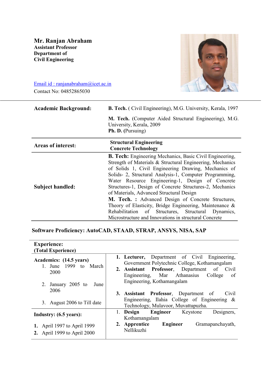 Mr. Ranjan Abraham Assistant Professor Department of Civil Engineering