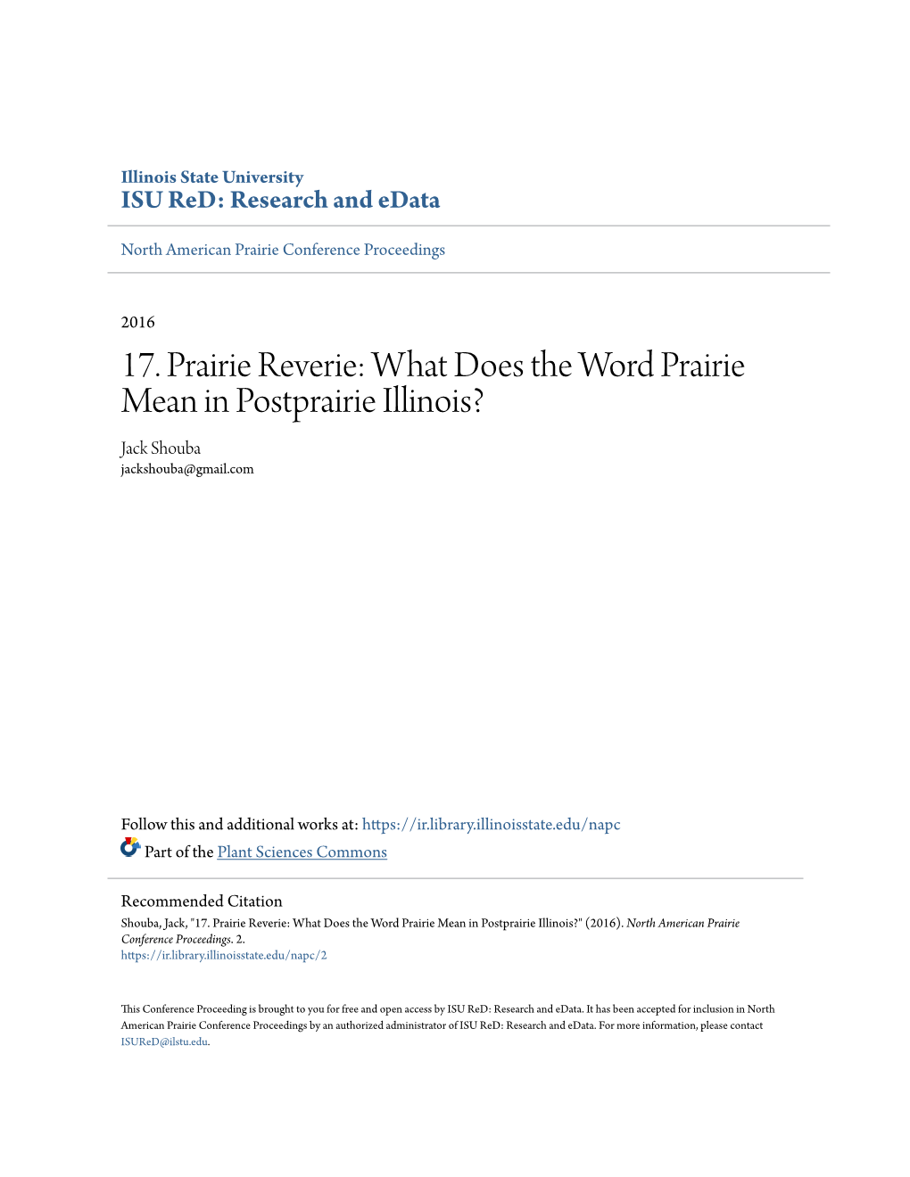 17. Prairie Reverie: What Does the Word Prairie Mean in Postprairie Illinois? Jack Shouba Jackshouba@Gmail.Com