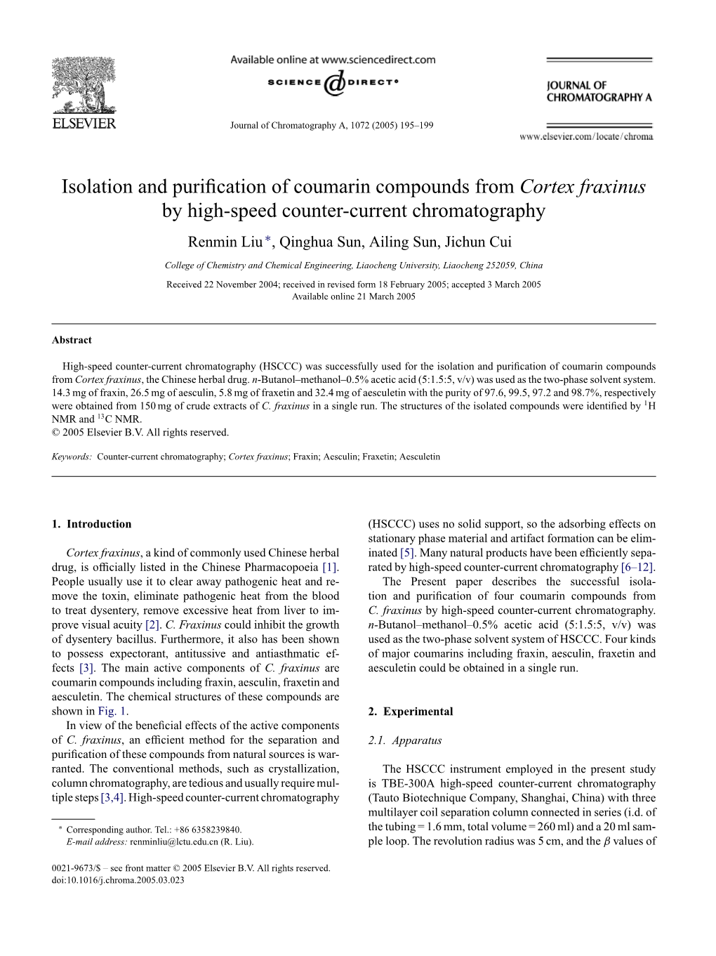 Isolation and Purification of Coumarin Compounds from Cortex Fraxinus by High-Speed Counter-Current Chromatography