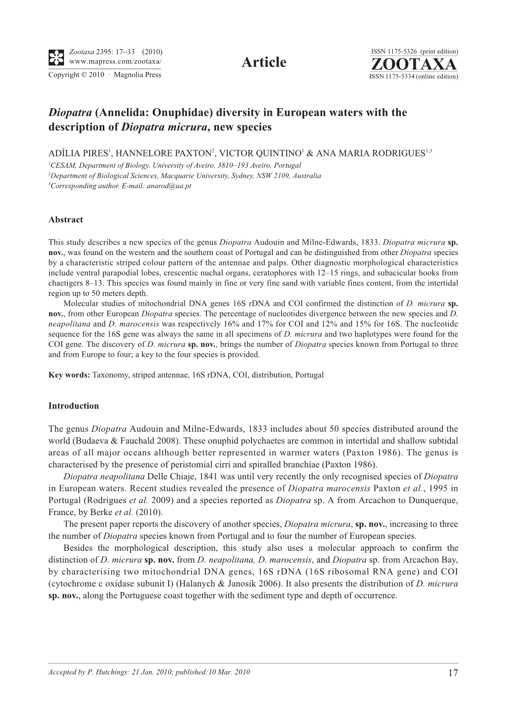 Zootaxa, Diopatra (Annelida: Onuphidae) Diversity In