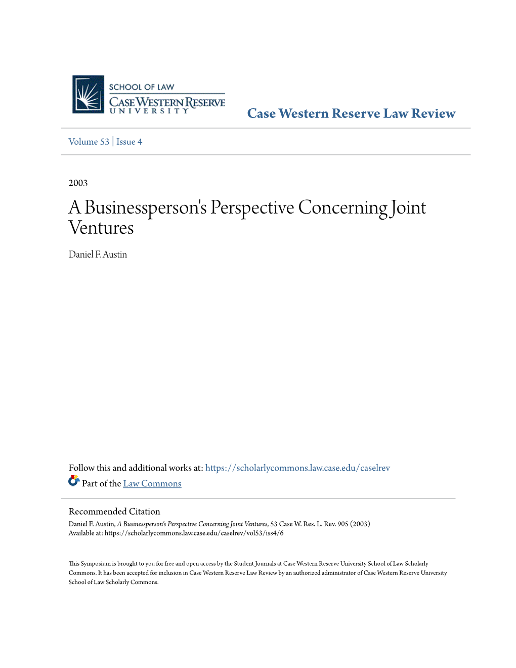 A Businessperson's Perspective Concerning Joint Ventures Daniel F