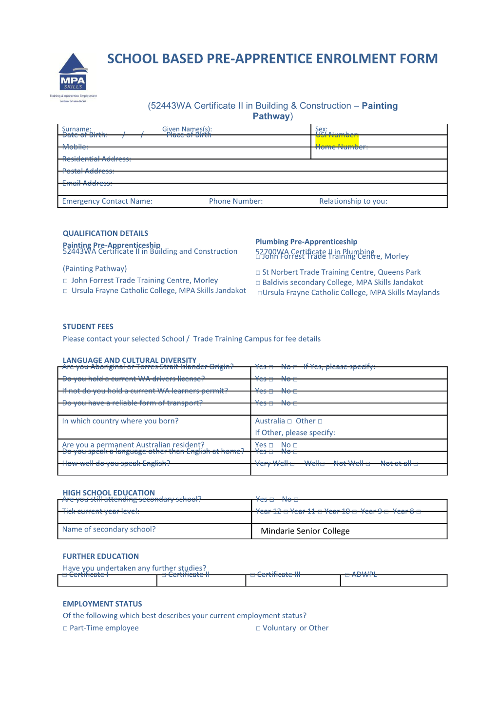 School Based Pre-Apprentice Enrolment Form