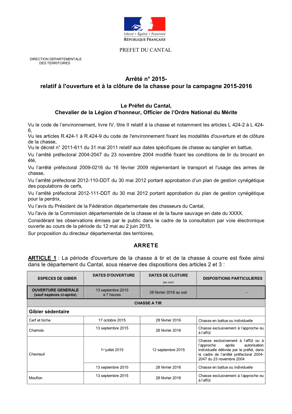 Arrêté N° 2015- Relatif À L'ouverture Et À La Clôture De La Chasse Pour La Campagne 2015-2016