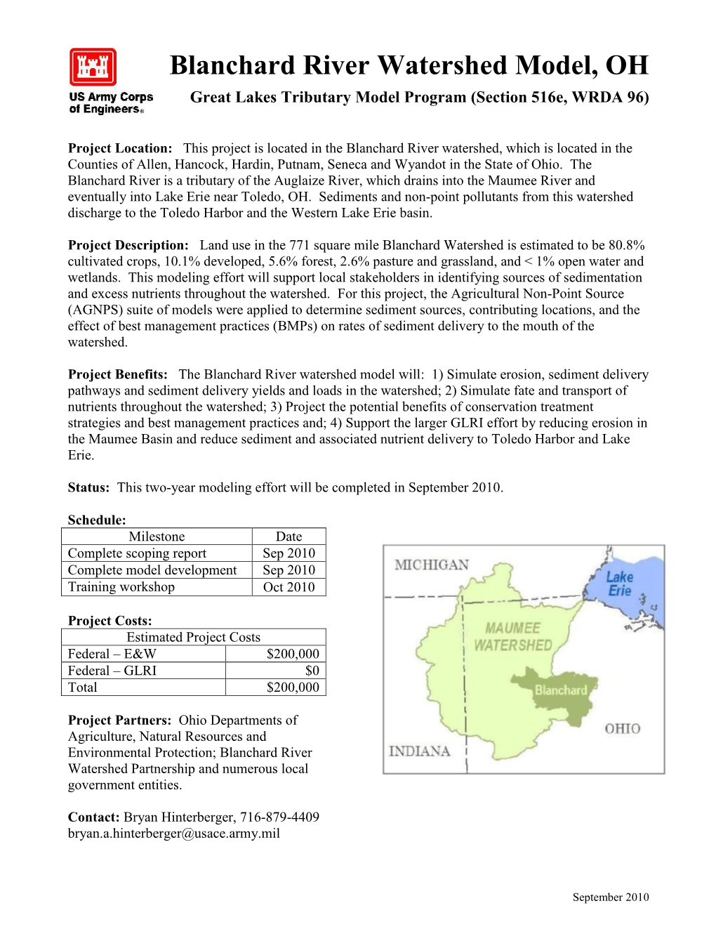 Blanchard River Watershed Model, OH Great Lakes Tributary Model Program (Section 516E, WRDA 96)