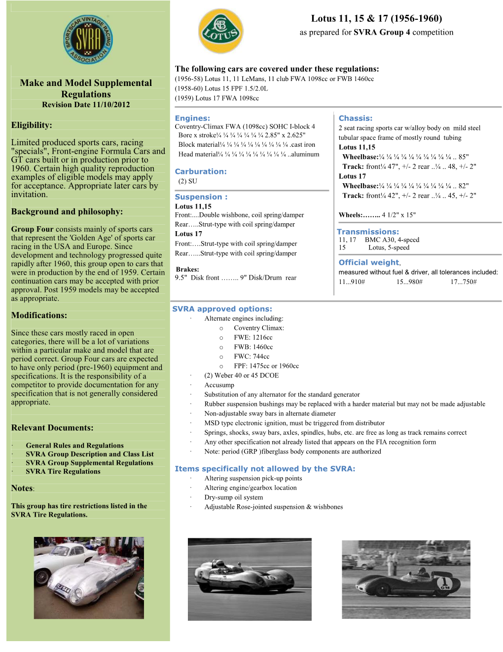 Make and Model Supplemental Regulations Lotus 11, 15 & 17