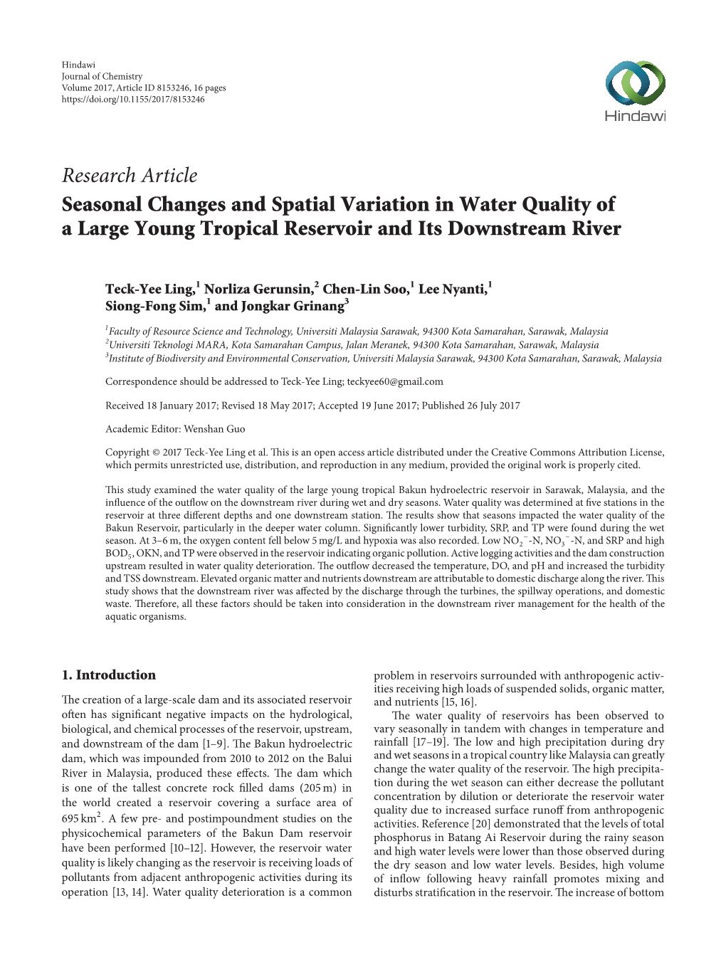Seasonal Changes and Spatial Variation in Water Quality of a Large Young Tropical Reservoir and Its Downstream River
