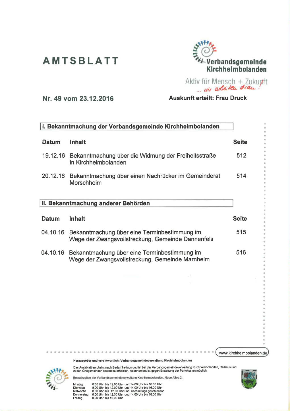 AMTSBLATT Verbandsgemeinde Klrchhelmbolanden Aktiv Für Mensch + Zukupit