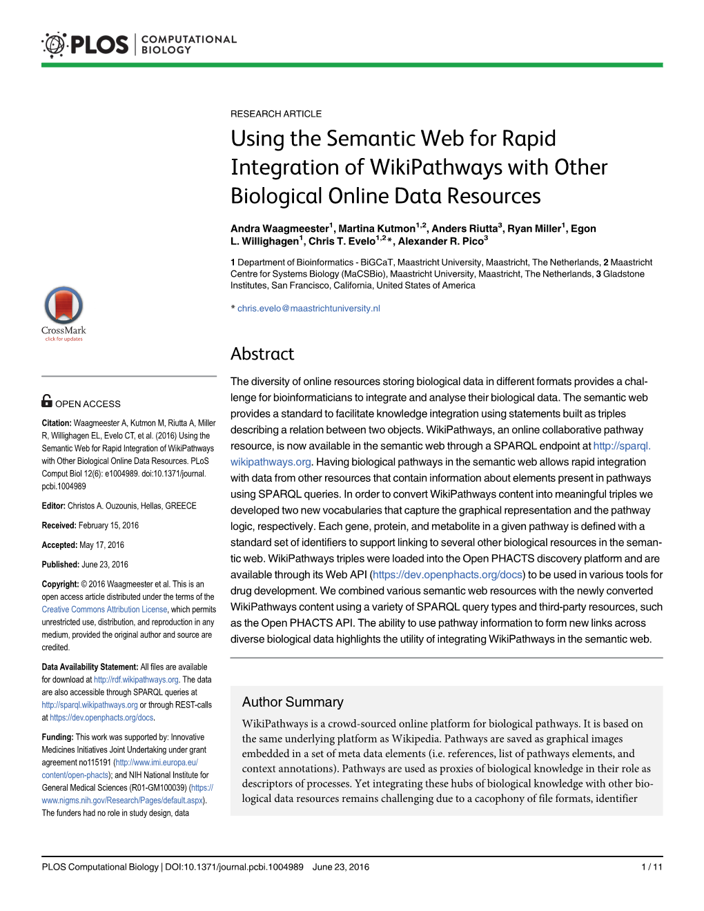 Using the Semantic Web for Rapid Integration of Wikipathways with Other Biological Online Data Resources