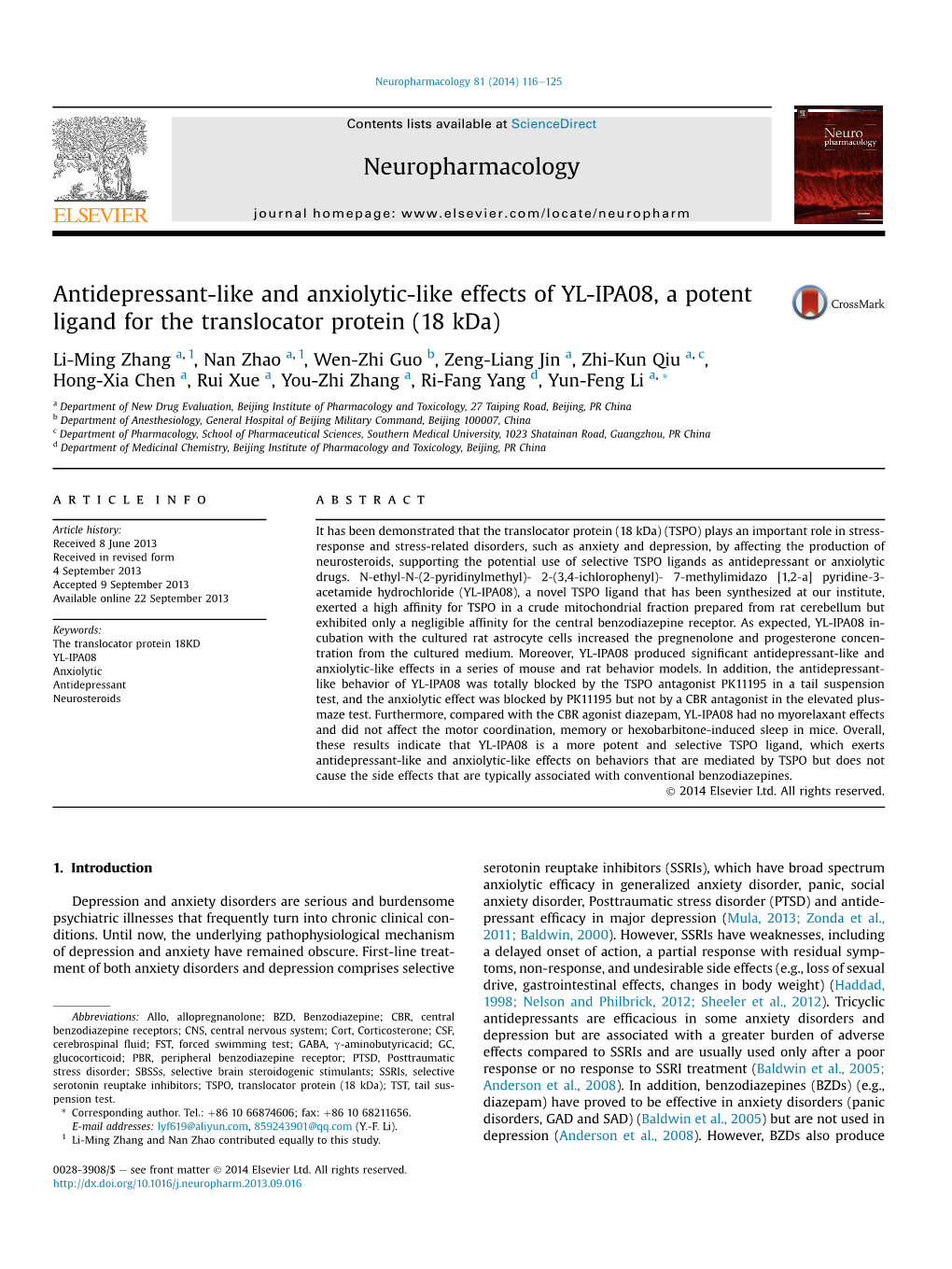 Antidepressant-Like and Anxiolytic-Like Effects of YL-IPA08, a Potent Ligand for the Translocator Protein (18 Kda)