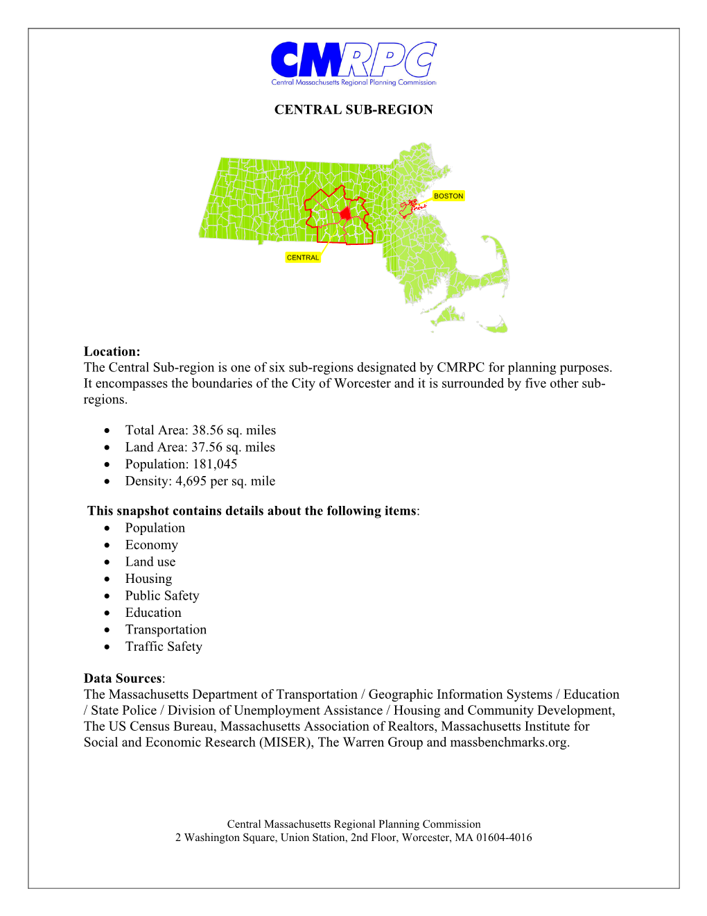 Central Sub Region Snapshot