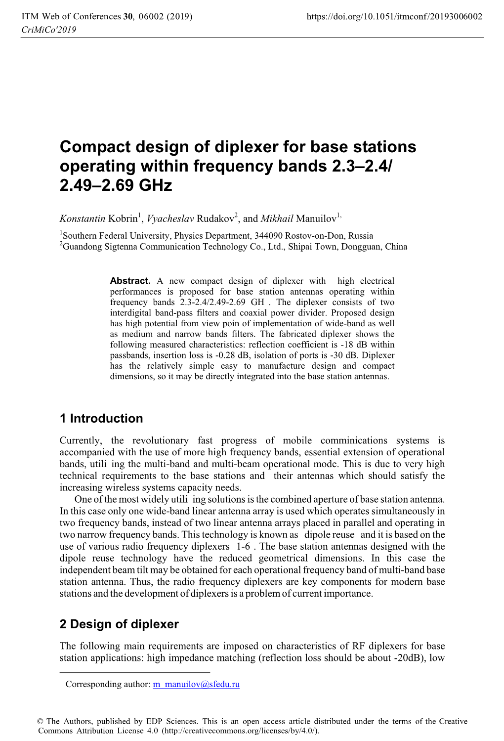 Compact Design of Diplexer for Base Stations Operating Within Frequency Bands 2.3–2.4/ 2.49–2.69 Ghz