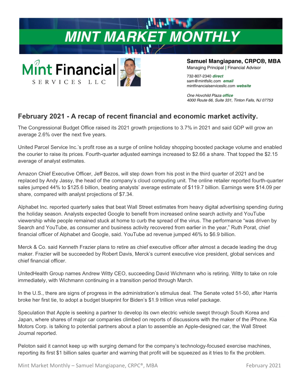 February 2021 - a Recap of Recent Financial and Economic Market Activity