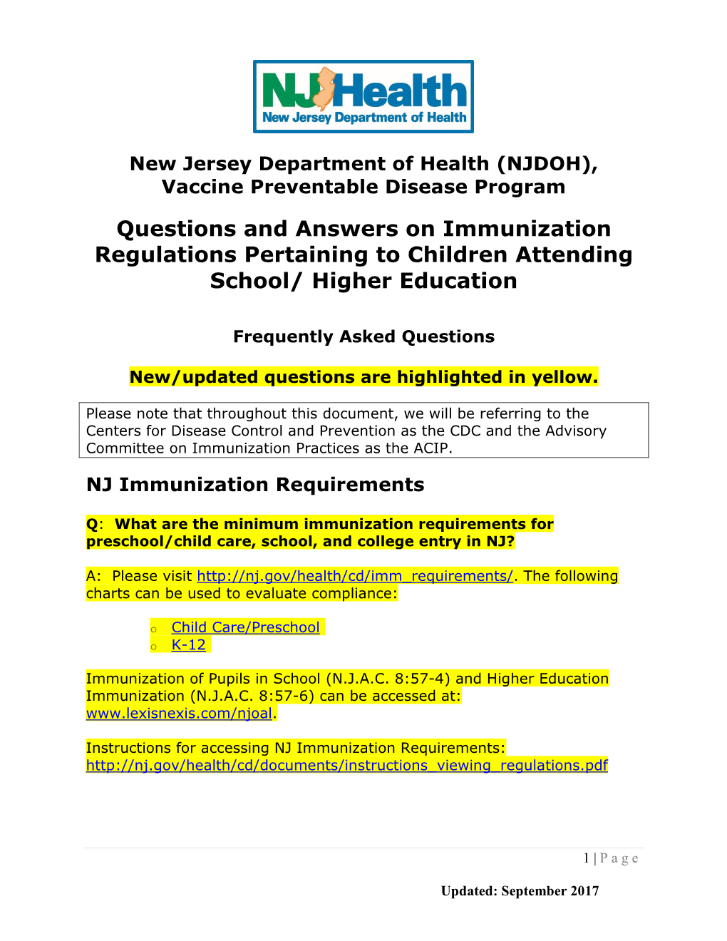 (NJDOH), Vaccine Preventable Disease Program