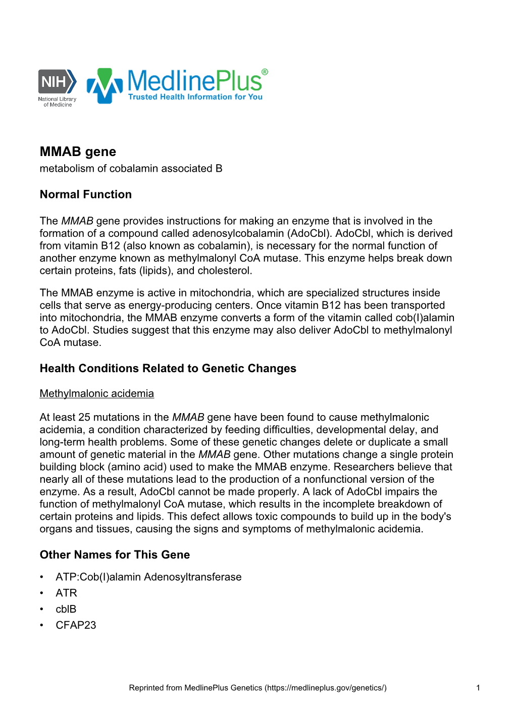 MMAB Gene Metabolism of Cobalamin Associated B