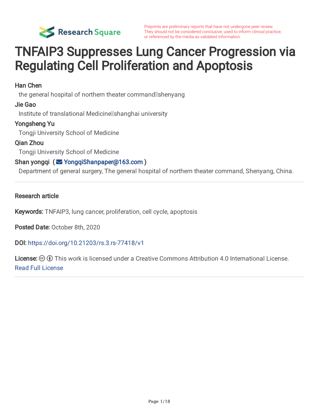 TNFAIP3 Suppresses Lung Cancer Progression Via Regulating Cell Proliferation and Apoptosis