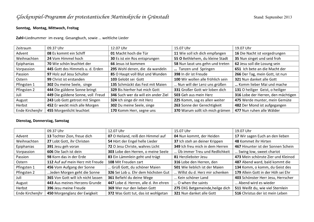 Glockenspiel-Programm Der Protestantischen Martinskirche in Grünstadt Stand: September 2013