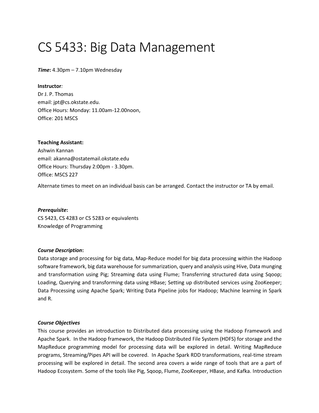 CS 5433: Big Data Management