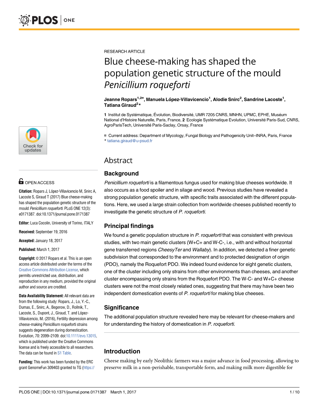 Blue Cheese-Making Has Shaped the Population Genetic Structure of the Mould Penicillium Roqueforti