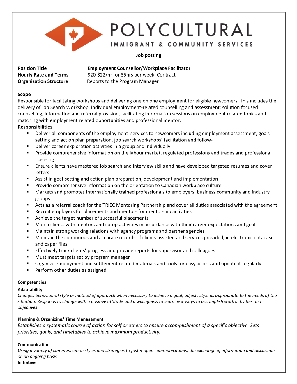 Job Posting Position Title Employment Counsellor/Workplace Facilitator