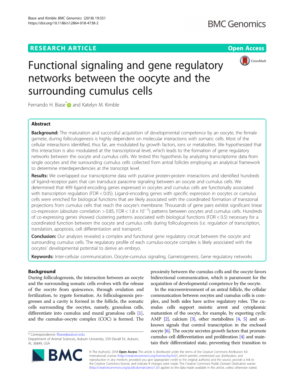 Functional Signaling and Gene Regulatory Networks Between the Oocyte and the Surrounding Cumulus Cells Fernando H