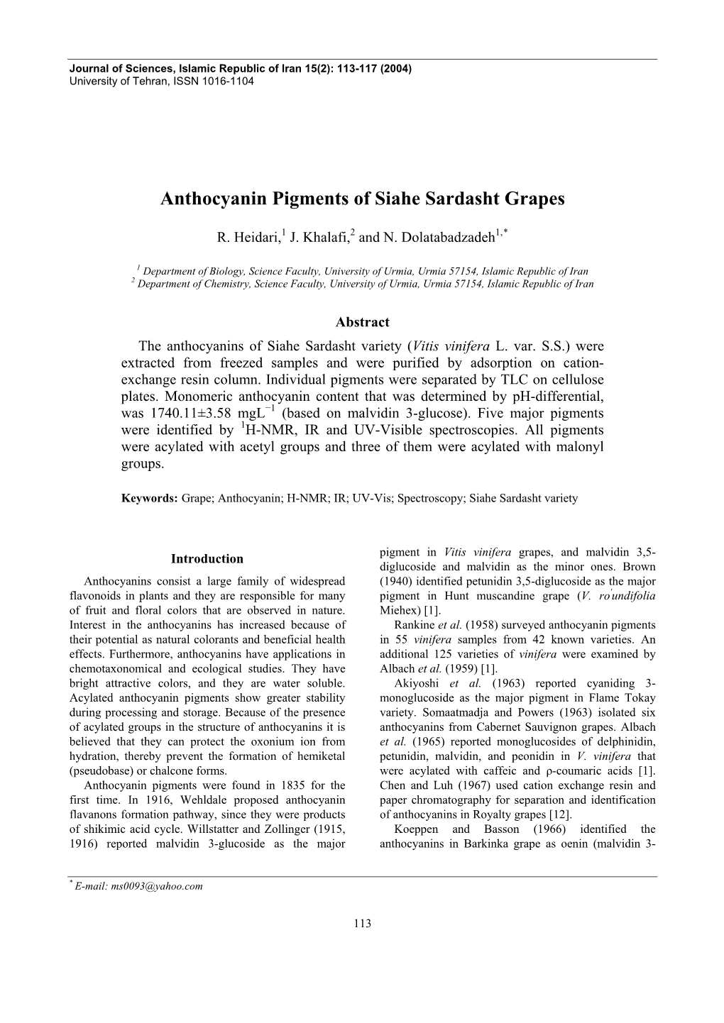 Anthocyanin Pigments of Siahe Sardasht Grapes