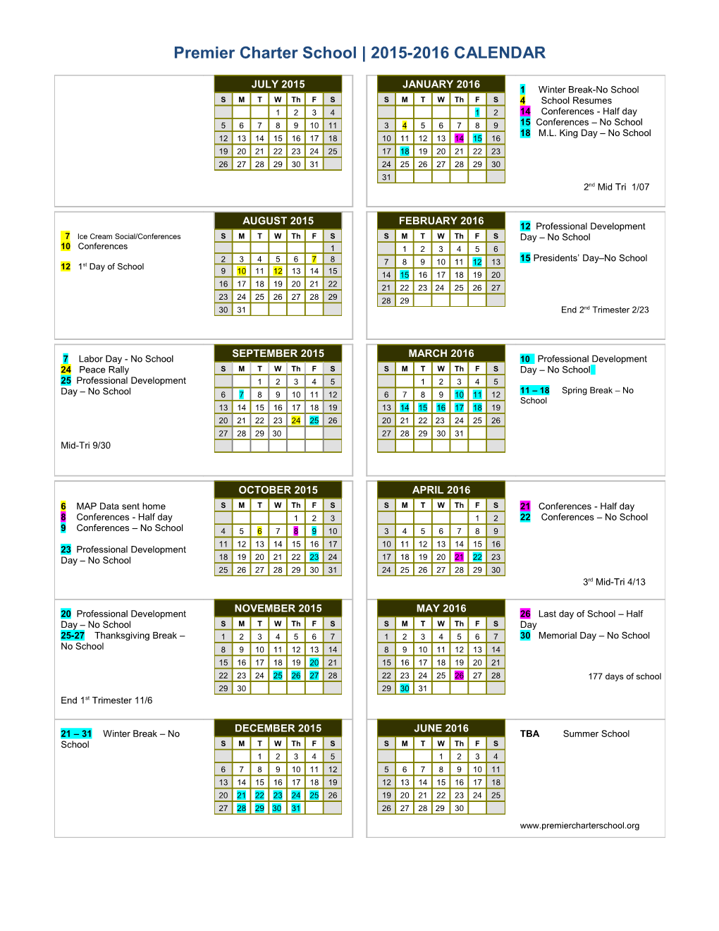 Premier Charter School 2015-2016 CALENDAR