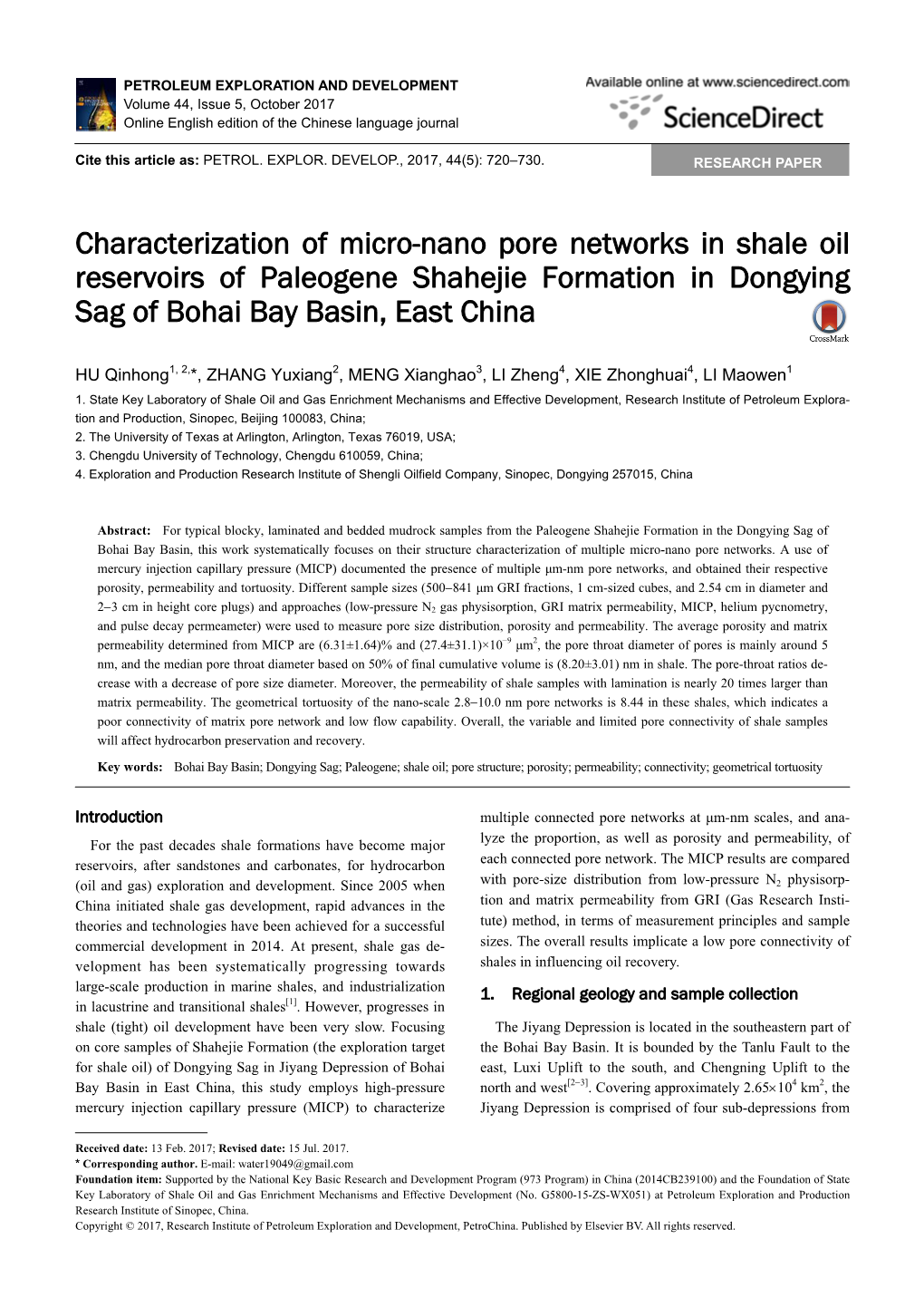 Characterization of Micro-Nano Pore Networks in Shale Oil Reservoirs of Paleogene Shahejie Formation in Dongying Sag of Bohai Bay Basin, East China