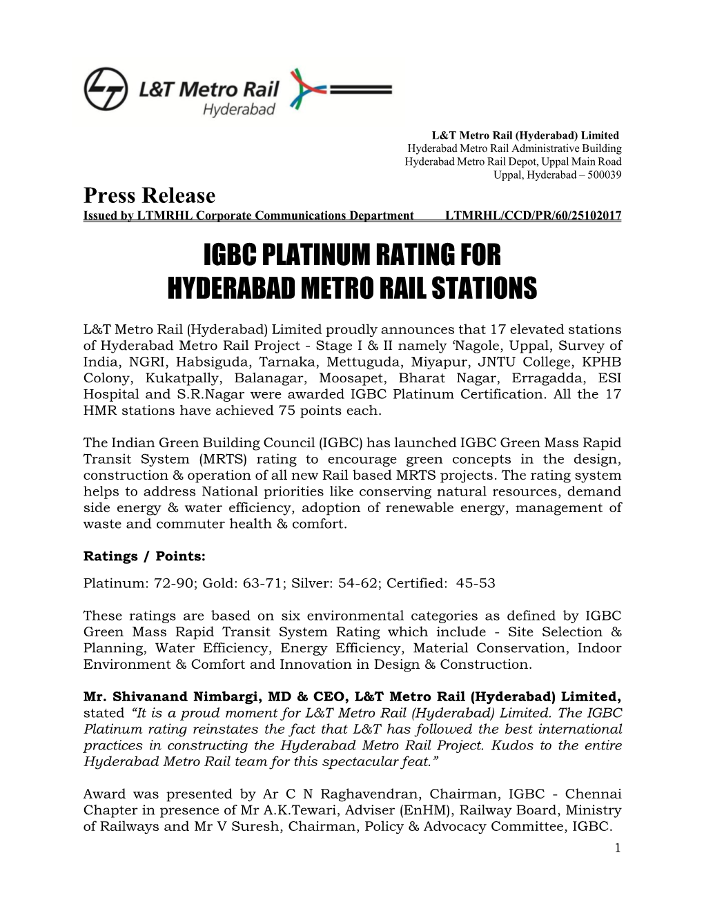 Igbc Platinum Rating for Hyderabad Metro Rail Stations