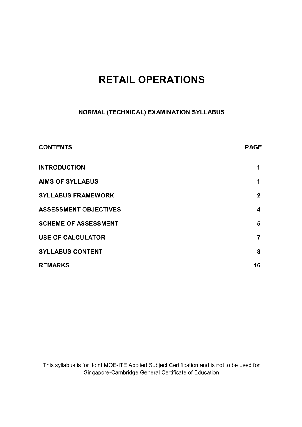 A201 Retail Operations Exam Syllabus (2018)