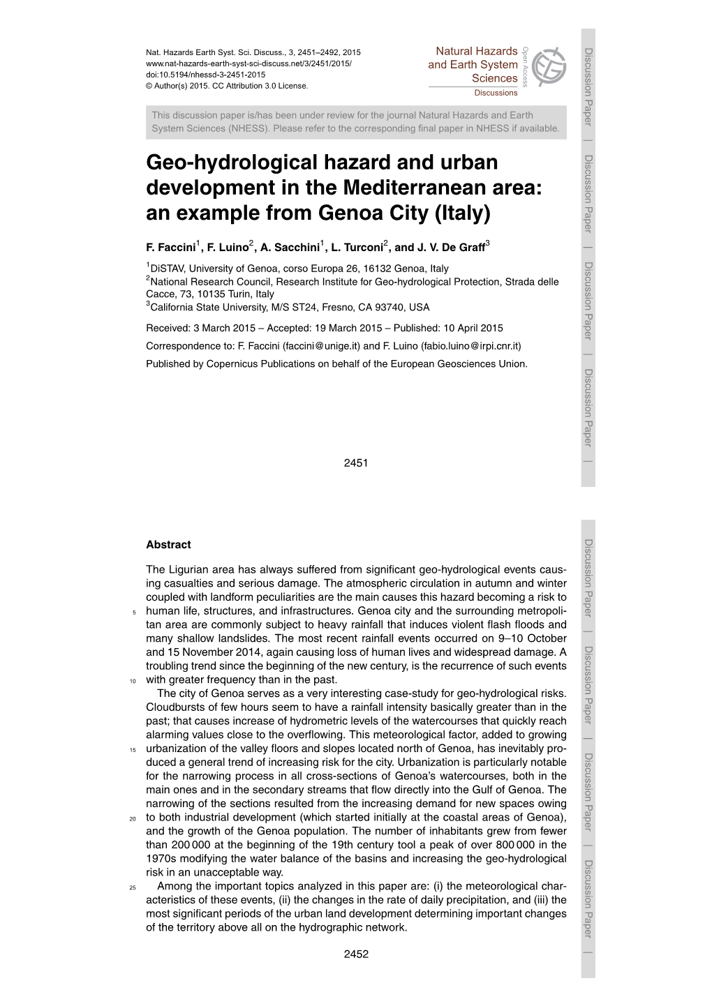 Geo-Hydrological Hazard and Urban Development in the Mediterranean Area: an Example from Genoa City (Italy) F