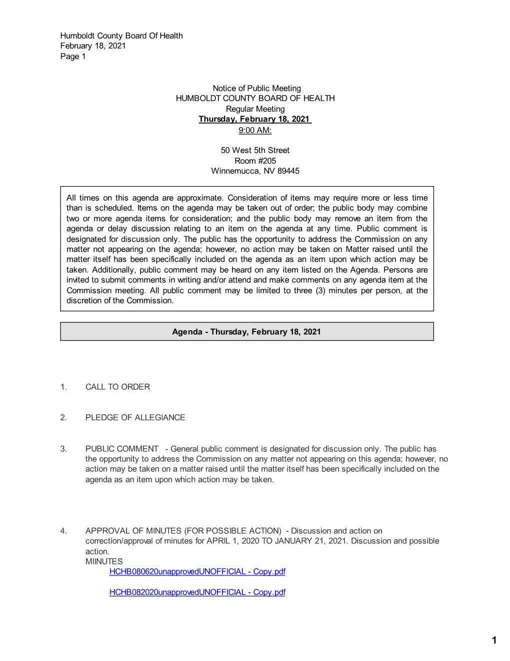 Humboldt County Board of Health February 18, 2021 Page 1 Notice Of