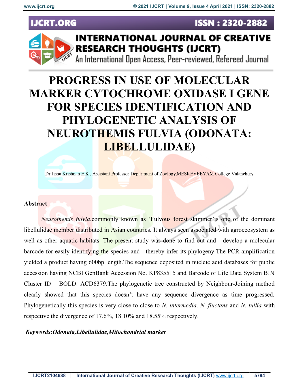 Progress in Use of Molecular Marker Cytochrome Oxidase I Gene for Species Identification and Phylogenetic Analysis of Neurothemis Fulvia (Odonata: Libellulidae)