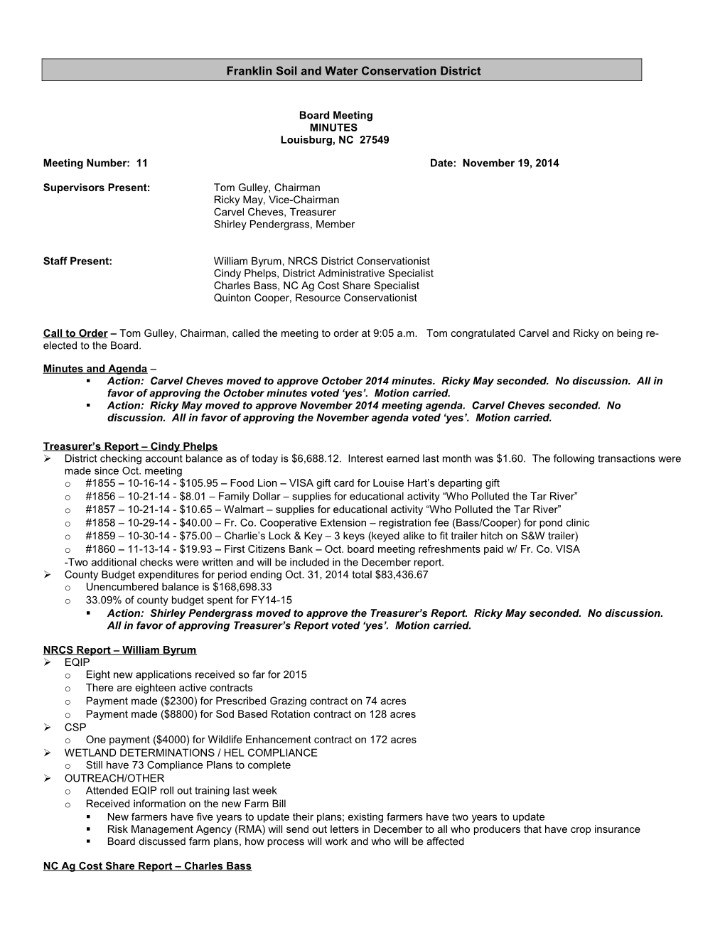 Minutes Of The Franklin Soil And Water Conservation District