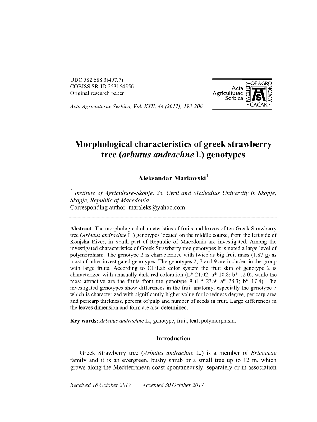 Morphological Characteristics of Greek Strawberry Tree (Arbutus Andrachne L.) Genotypes