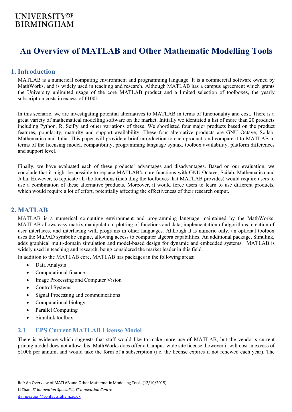 An Overview of MATLAB and Other Mathematic Modelling Tools