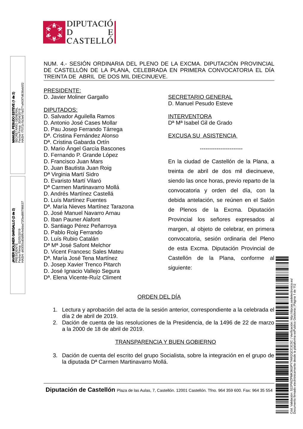 Num. 4.- Sesión Ordinaria Del Pleno De La Excma. Diputación Provincial