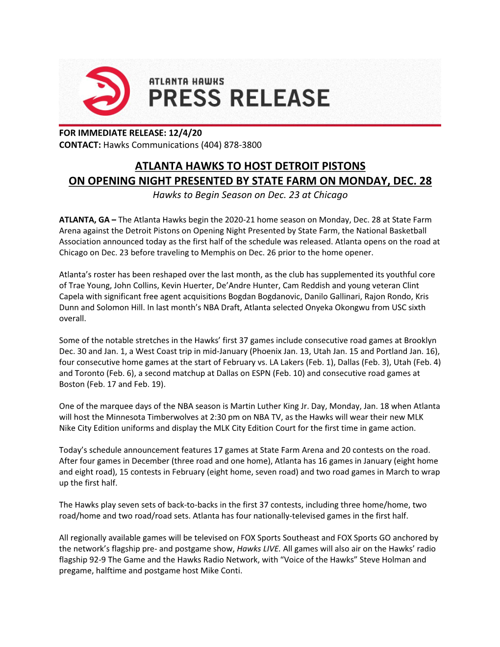 Atlanta Hawks to Host Detroit Pistons on Opening Night Presented by State Farm on Monday, Dec