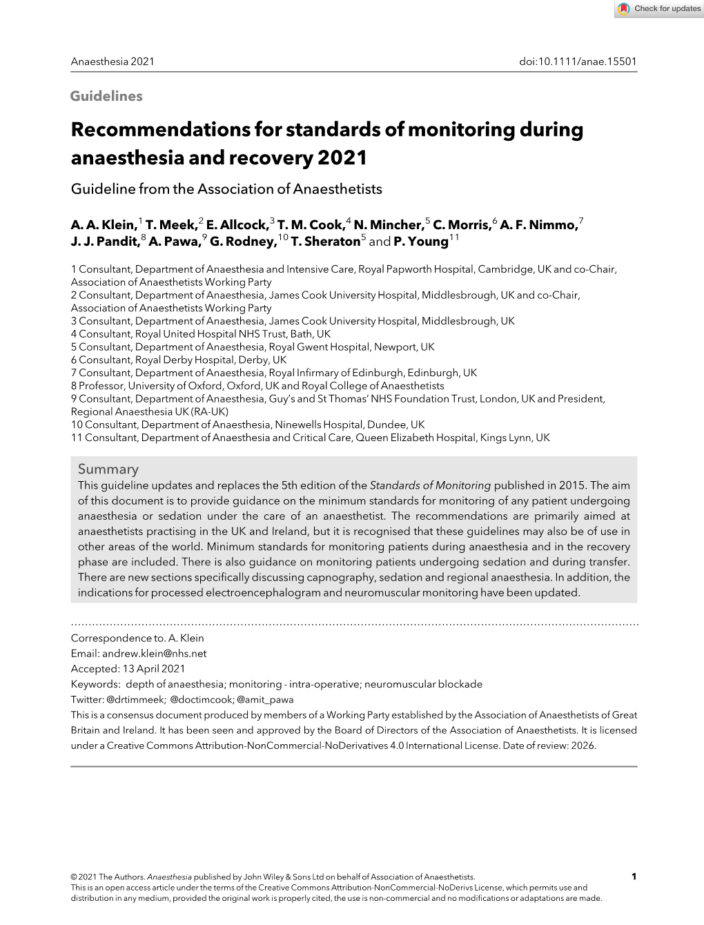 Recommendations for Standards of Monitoring During Anaesthesia and Recovery 2021 Guideline from the Association of Anaesthetists